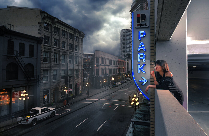Woman Smoking on Balcony — Blue, Dramatic