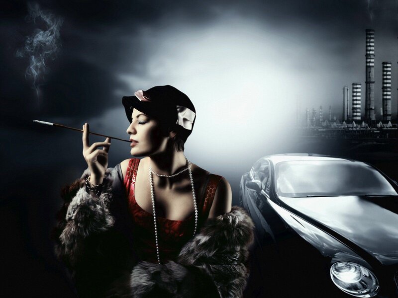 woman smoking with car