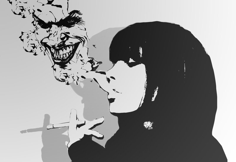 woman smoking with demonic figure
