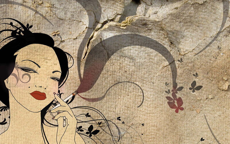 woman smoking with floral art