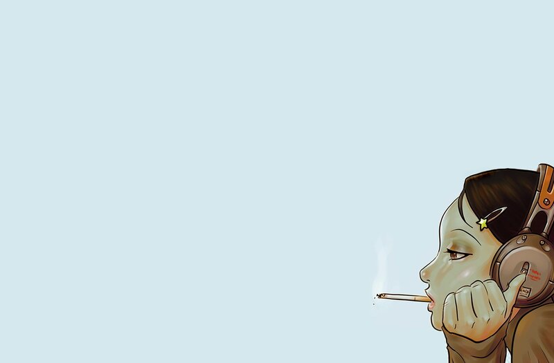 woman smoking with headphones