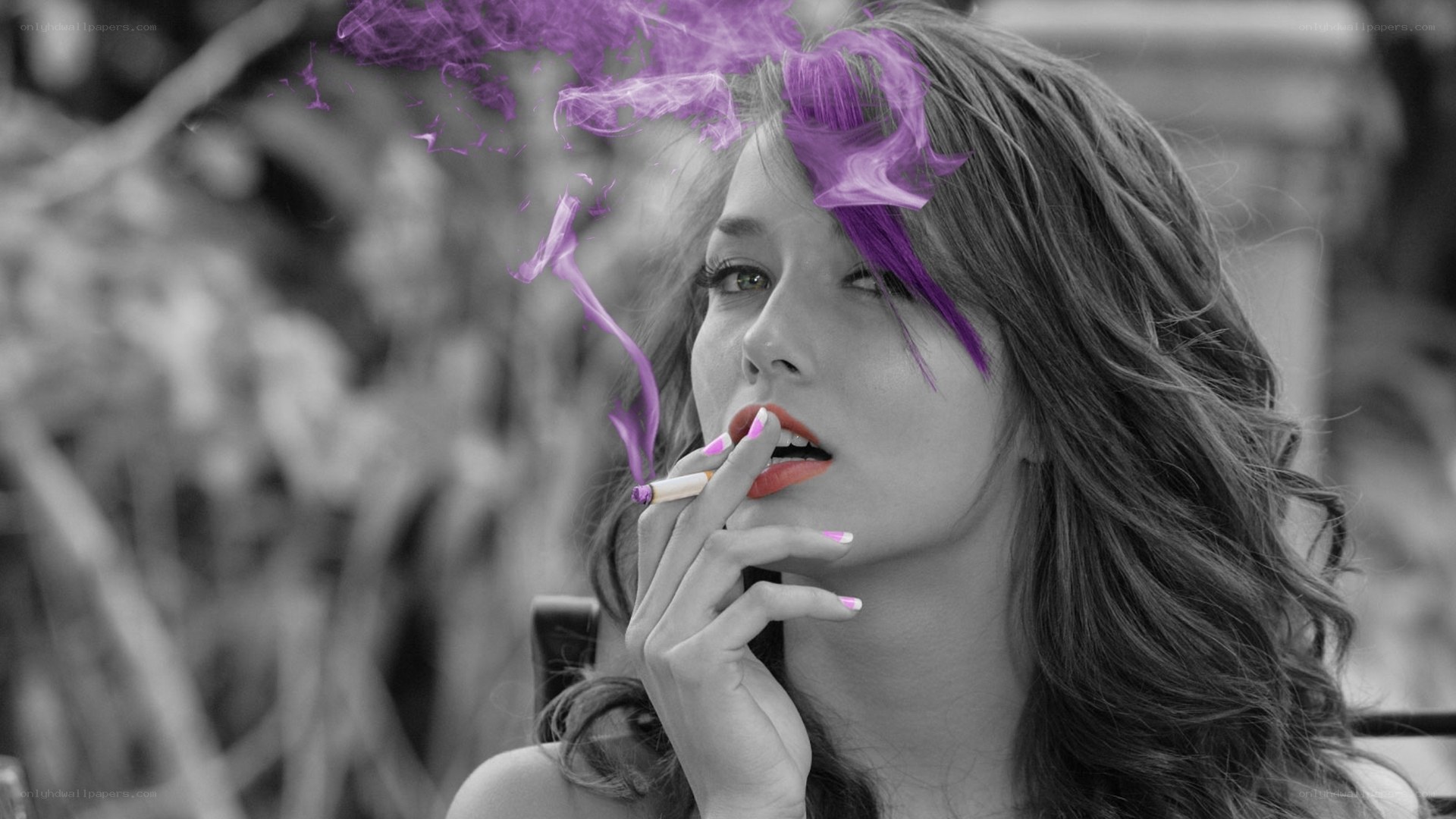 woman smoking with purple smoke