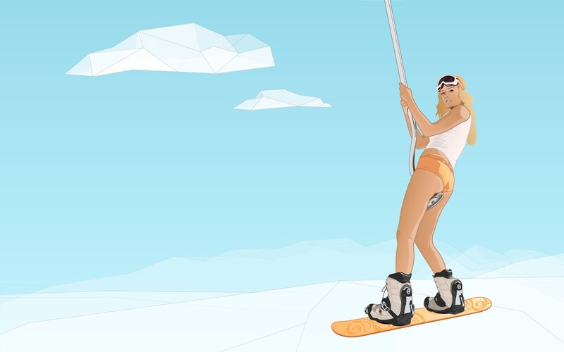 woman snowboarding with pole