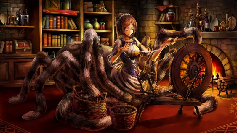 woman spinning yarn with spider creature
