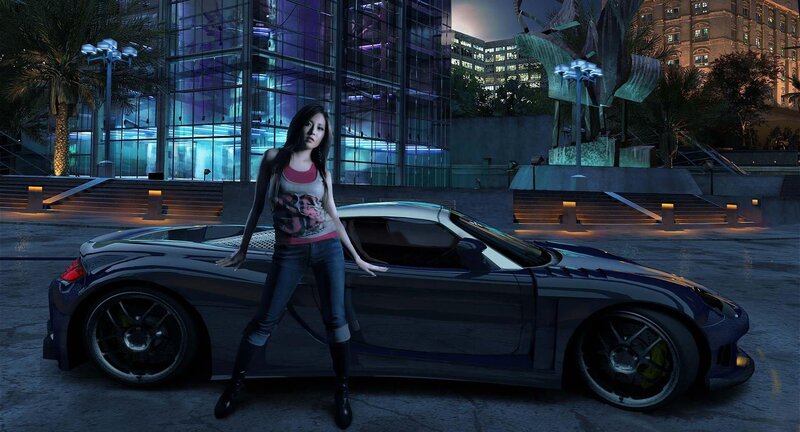 Woman Standing by Car — Black, Dramatic, Night, 3d Render