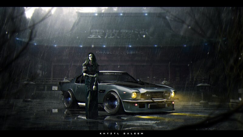 Woman Standing by Car — Black, Dramatic, Night, Digital Art