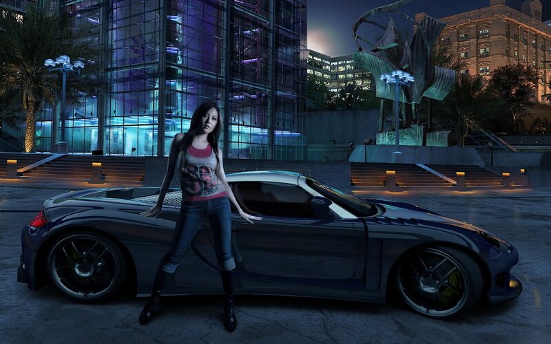 Woman Standing by Car — Blue, Dark