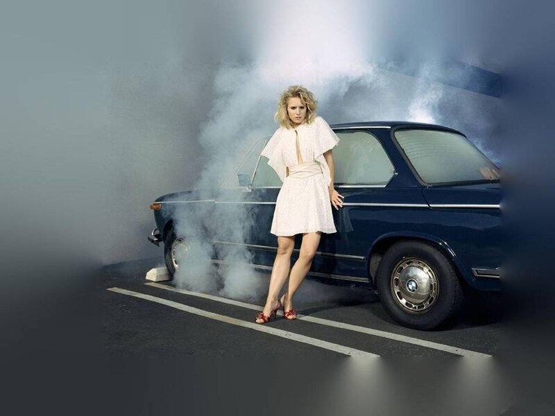 Woman Standing by Car — Blue