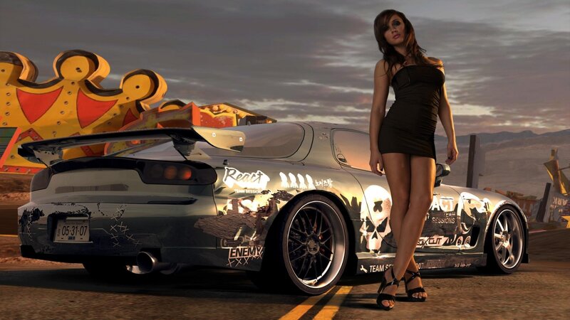 Woman Standing by Car — Gray, Dramatic, Sunset, 3d Render, Ride