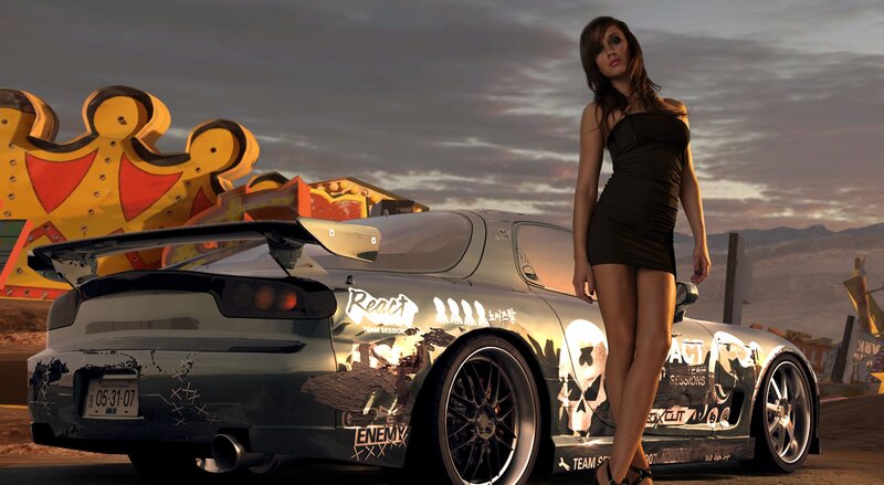 Woman Standing by Car — Gray, Dramatic, Sunset, 3d Render