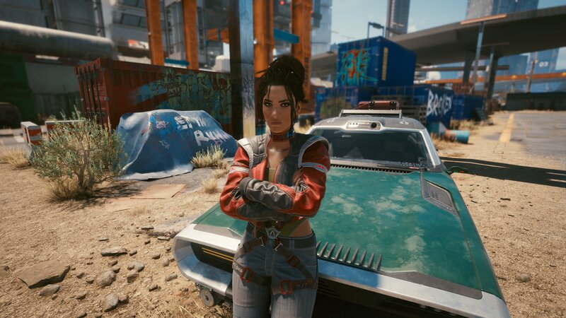 Woman Standing by Car — Green, Dramatic