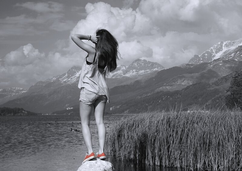 Woman Standing by Lake — Black, Serene