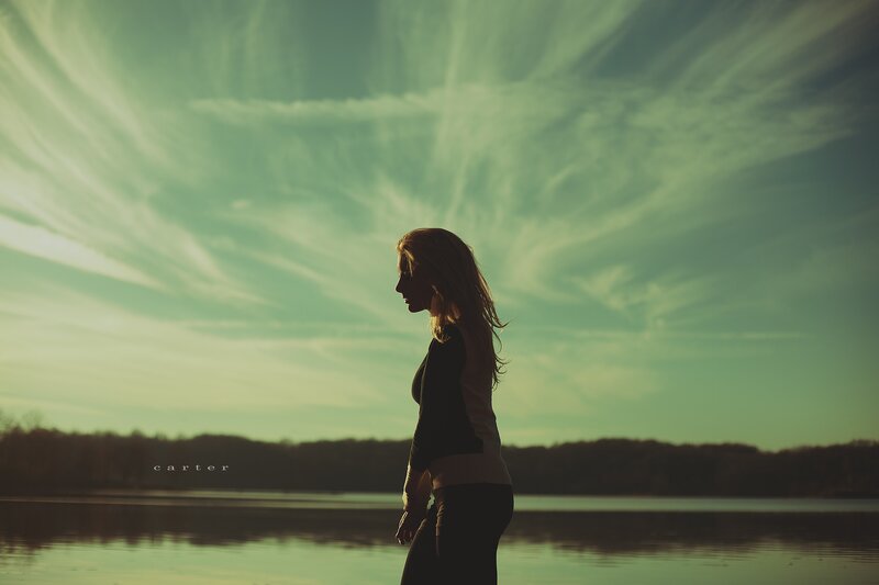 Woman Standing by Lake — Green, Serene
