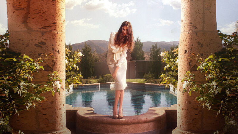 Woman Standing by Pool — Blue