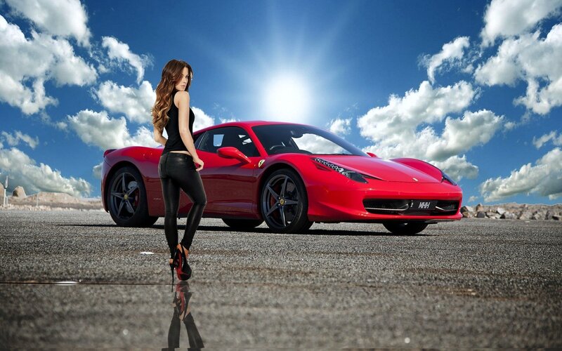 Woman Standing by Red Car — Dramatic