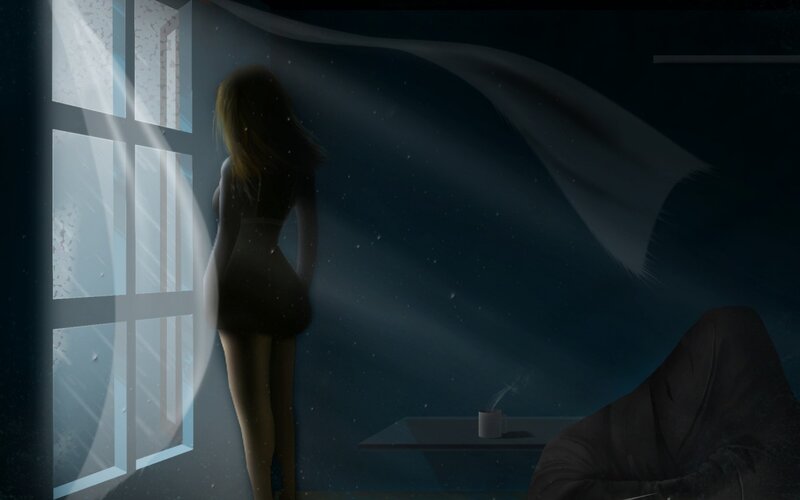 Woman Standing by Window — Blue