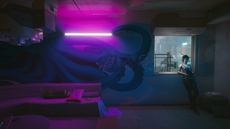 Woman Standing by Window — Purple