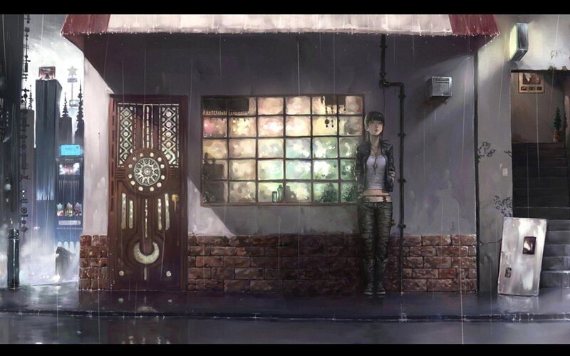 Woman Standing in Rain — Gray, Dramatic, Night, Digital Art, Building