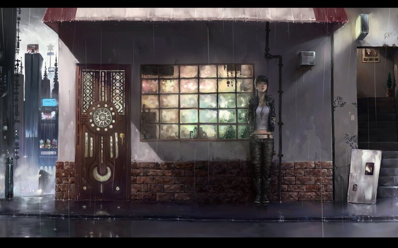 Woman Standing in Rain — Gray, Dramatic, Night, Digital Art