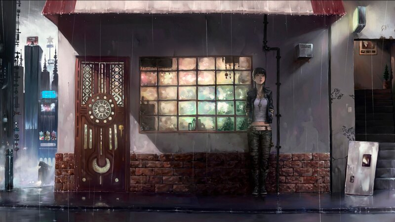Woman Standing in Rain — Gray, Melancholic, Night, Digital Art, Building
