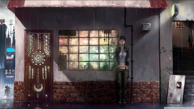 Woman Standing in Rain — Gray, Melancholic