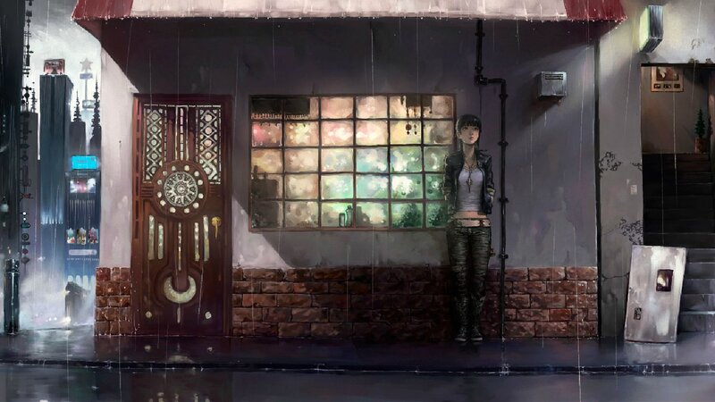 Woman Standing in Rain — Gray