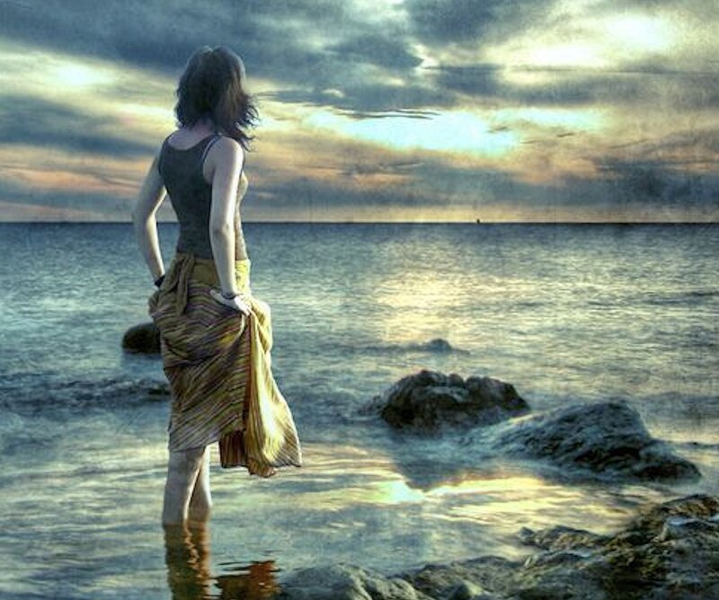 Woman Standing in Water — Blue, Dramatic
