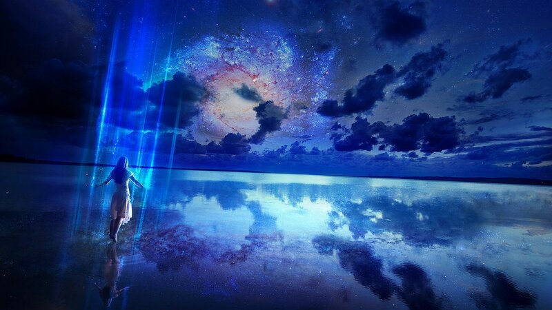 Woman Standing in Water — Blue, Serene, Night, Digital Art