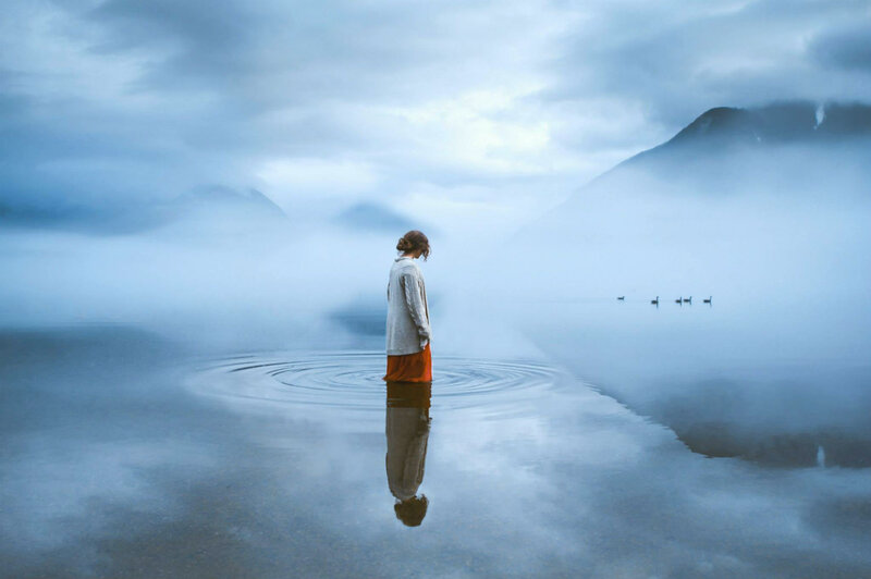 Woman Standing in Water — Blue, Serene