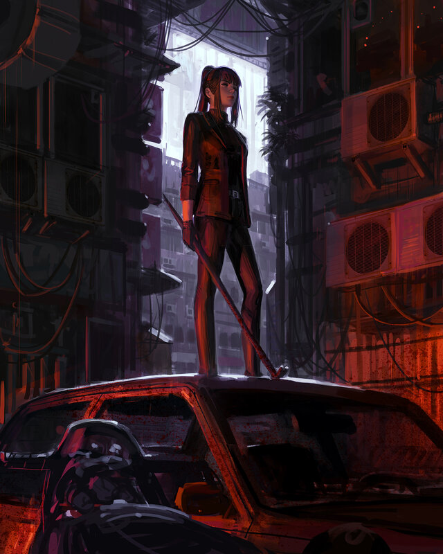 Woman Standing on Car — Red