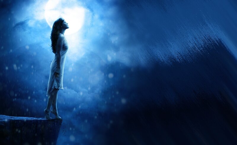 Woman Standing on Cliff — Blue
