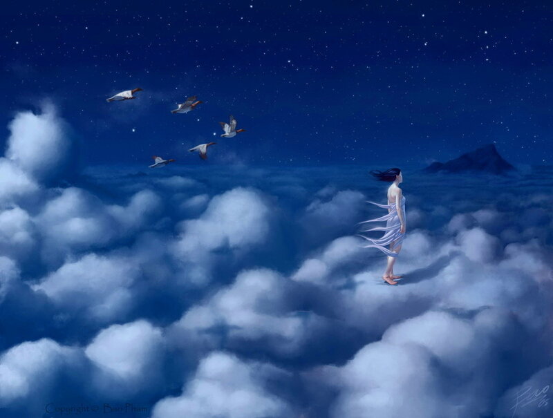 Woman Standing on Clouds — Blue