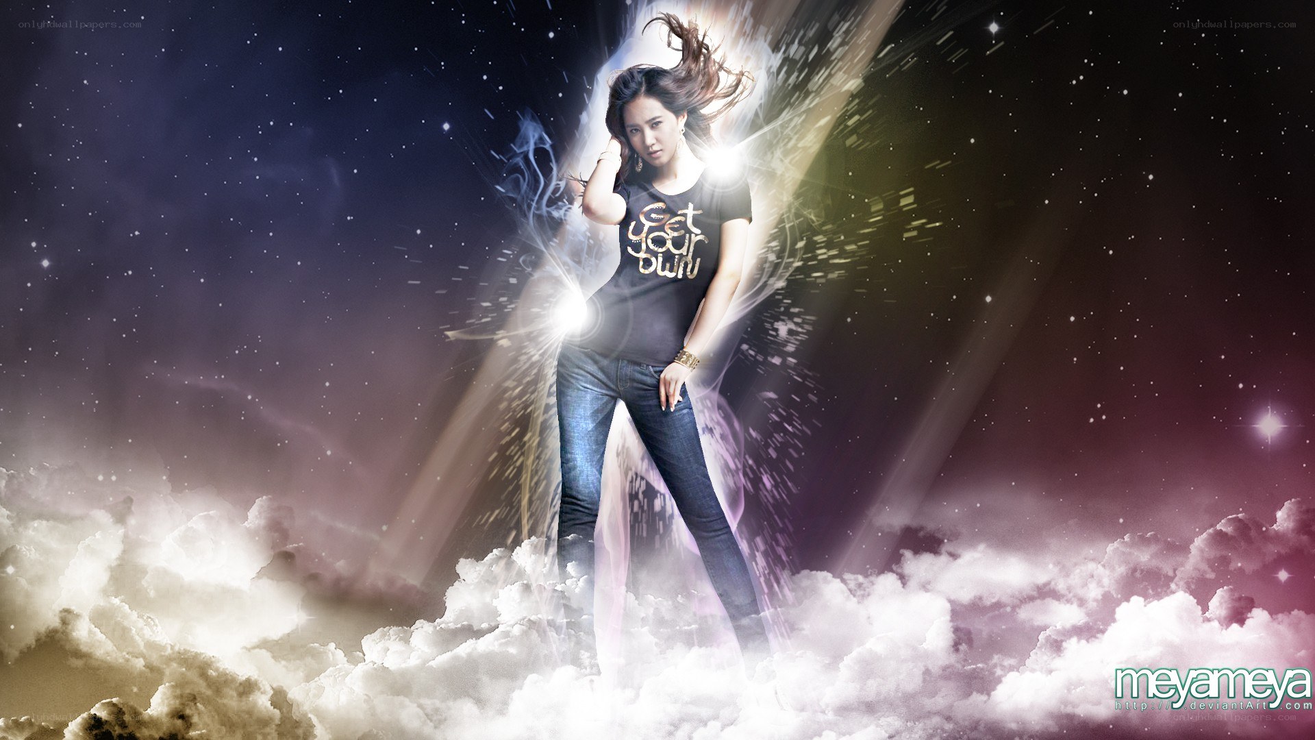 woman standing on clouds