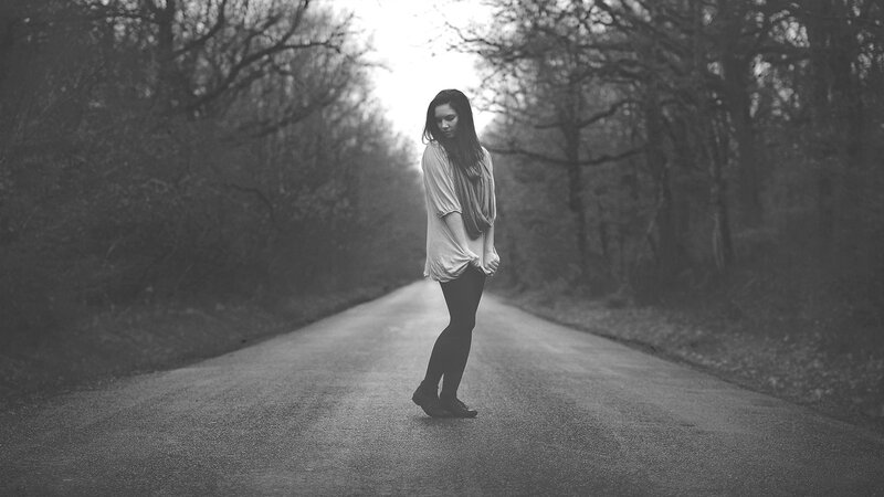 Woman Standing on Road — Black, Somber, Photograph