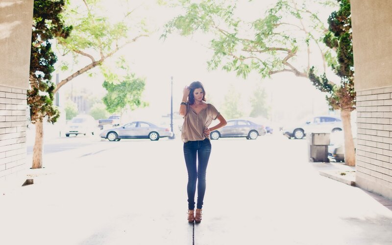 Woman Standing on Sidewalk — White, Bright