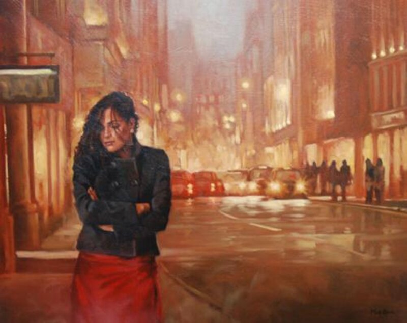 Woman Standing on Street — Red