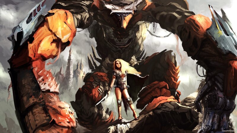 Woman Standing with Giant Robot