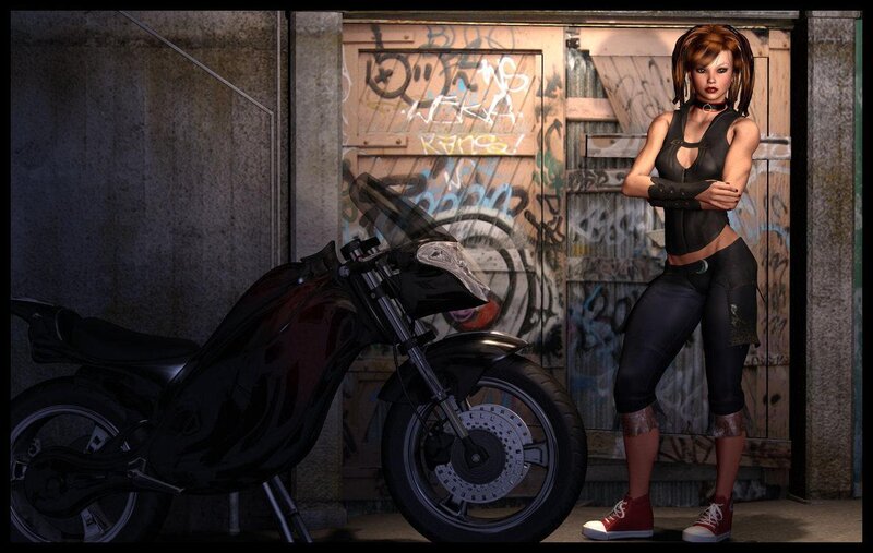 Woman Standing with Motorcycle — Black, Dark