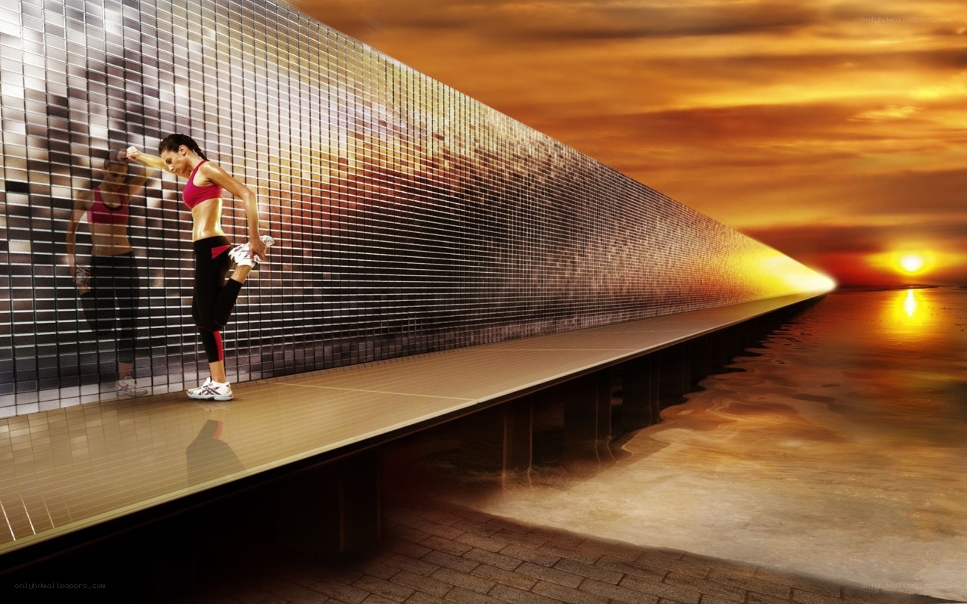 Woman stretching at sunset
