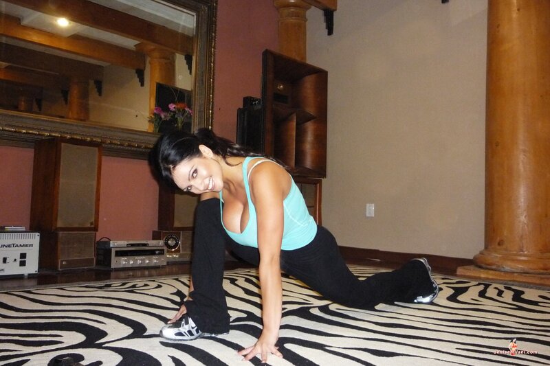 woman stretching on zebra rug
