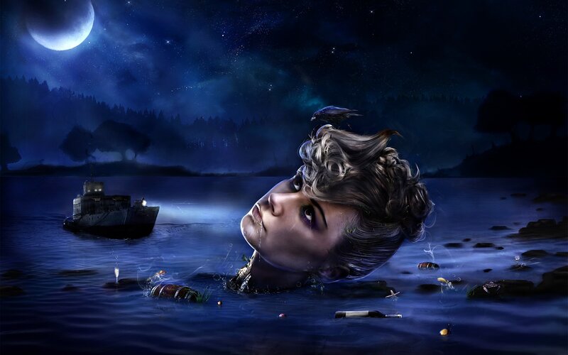 woman submerged in night water