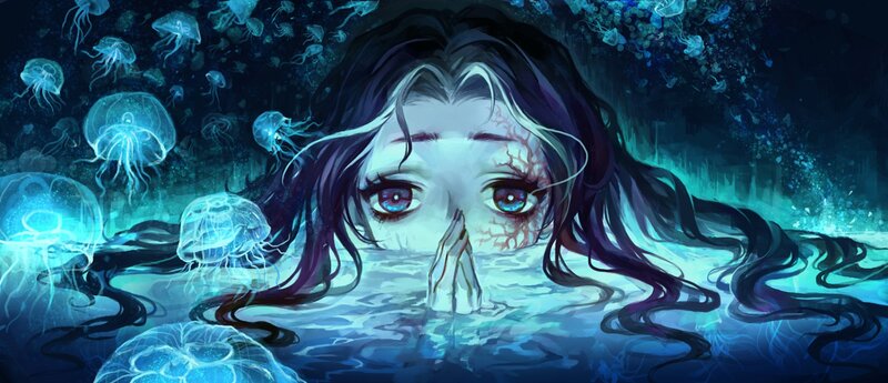 Woman Submerged in Water — Blue, Dramatic, Night