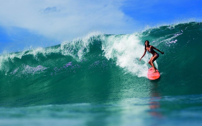 Woman Surfing Wave — Blue, Dynamic, Afternoon, Photograph, Surfboard, Ocean