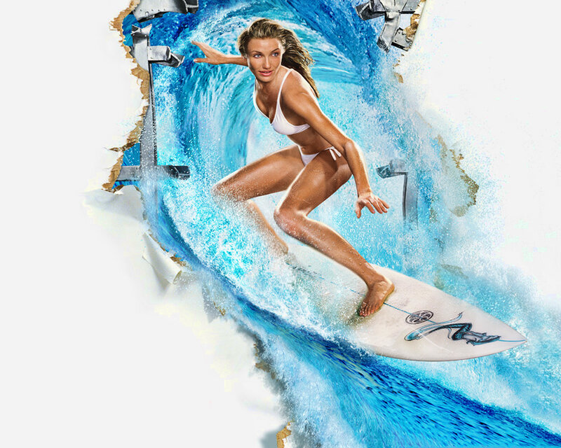 Woman Surfing Wave — Blue, Dynamic, Digital Art