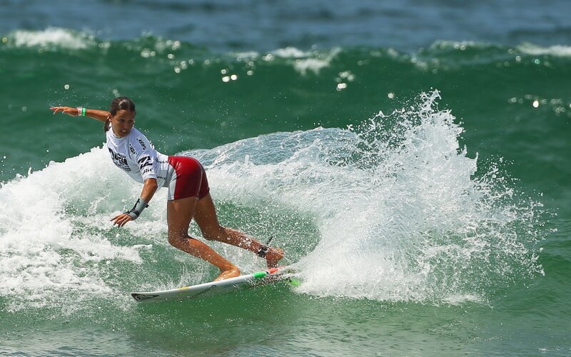 Woman Surfing Wave — Green, Dynamic, Afternoon, Photograph, Surfboard