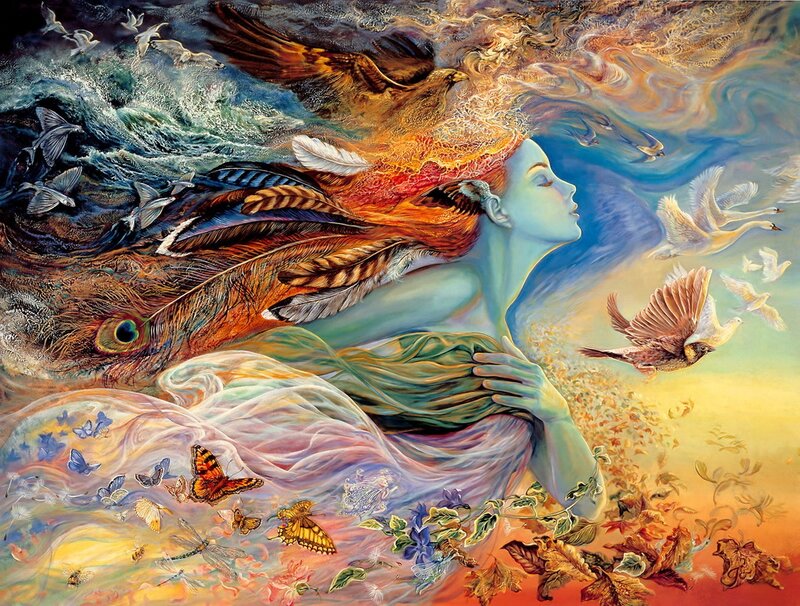 woman surrounded by birds and feathers