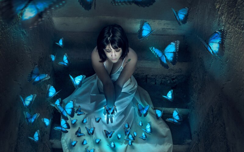 Woman Surrounded by Butterflies — Blue, Dreamy