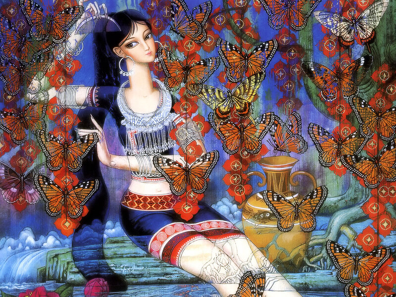 Woman Surrounded by Butterflies — Blue