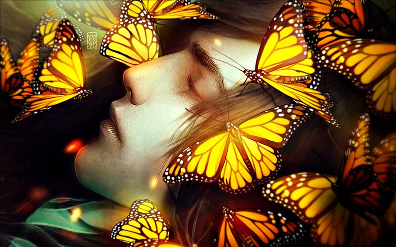 Woman Surrounded by Butterflies — Yellow, Serene