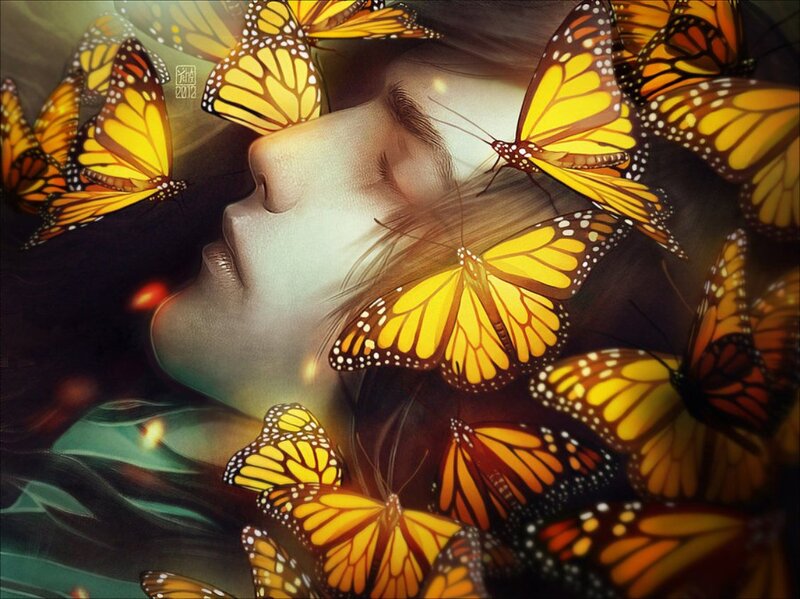 Woman Surrounded by Butterflies — Yellow